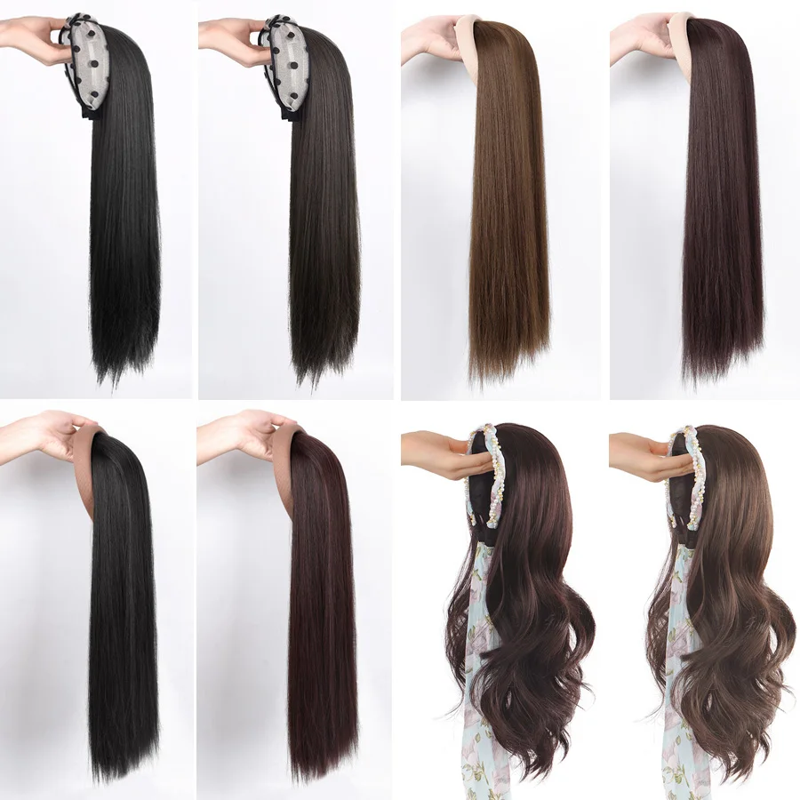 LANLAN Synthetic Long Straight Brown Headband Wig Natural Hair Extensions Straight Hairpiece For Black/White Women.