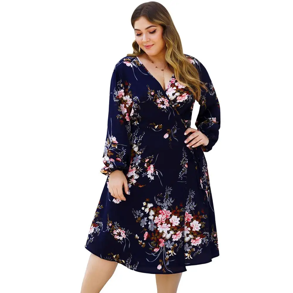 

Autumn Flower Printed Dress Women Deep V-Neck Sexy Floral Long Puff Sleeve Plus Size 3XL 4XL Party High Waist Dress Ladies