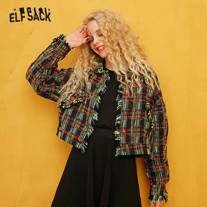 

ELFSACK Green Plaid Colorblock Golden Silk Women Coats 2019 Autumn Single Breasted Long Sleeve Fringe Office Ladies Outwear