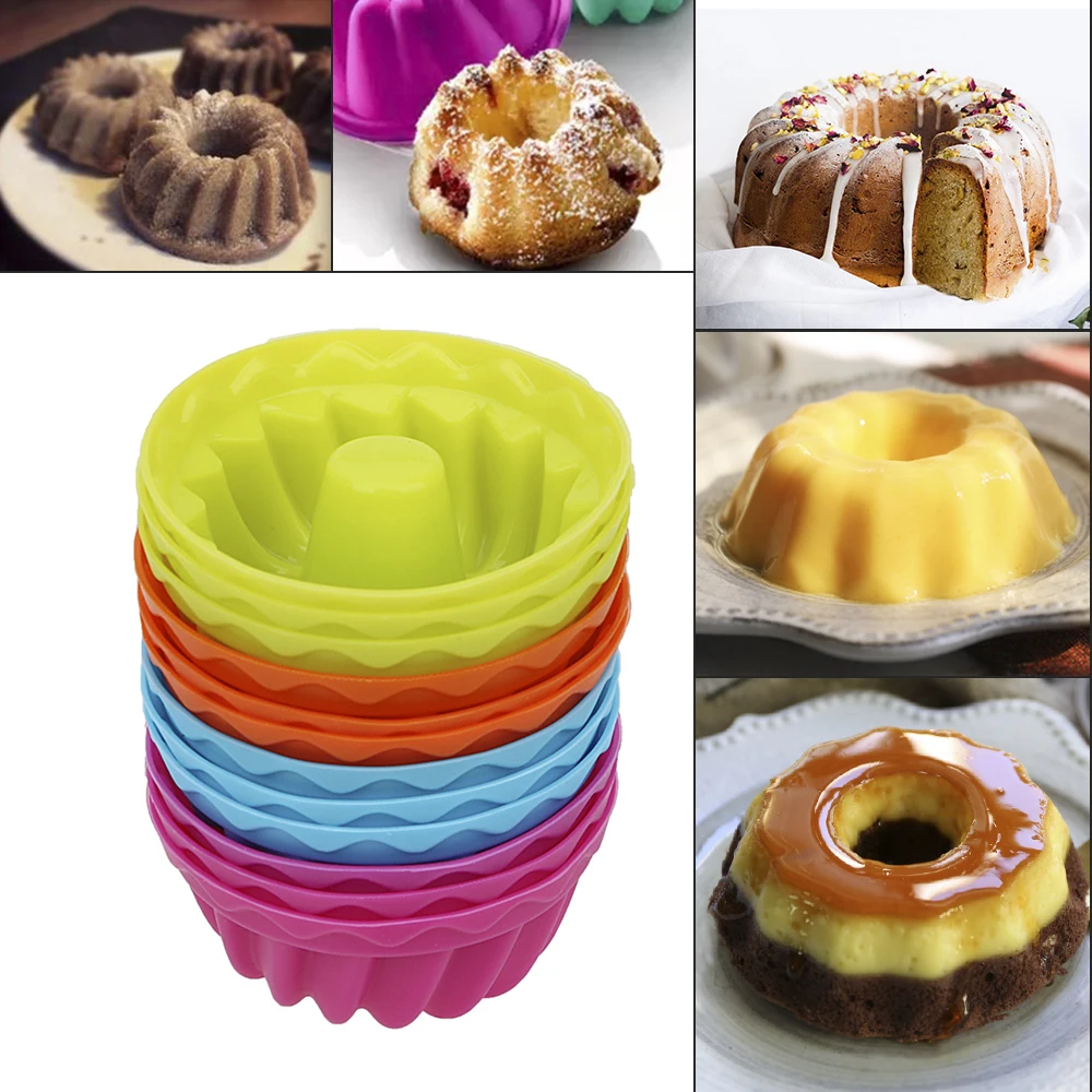 12 x Bundt Cake Mold Silicone Mini Bundt Cake Mold Cake Pan Reusable Muffin  Liners Cupcake for Cake Dessert Chocolate Pudding Jelly (4 Colors) 