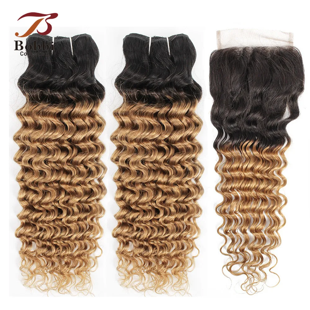 

Bobbi Collection 2/3 Bundles with Closure 1B 27 Ombre Honey Blonde Deep Wave Pre-Colored Brazilian Non-Remy Human Hair Extension