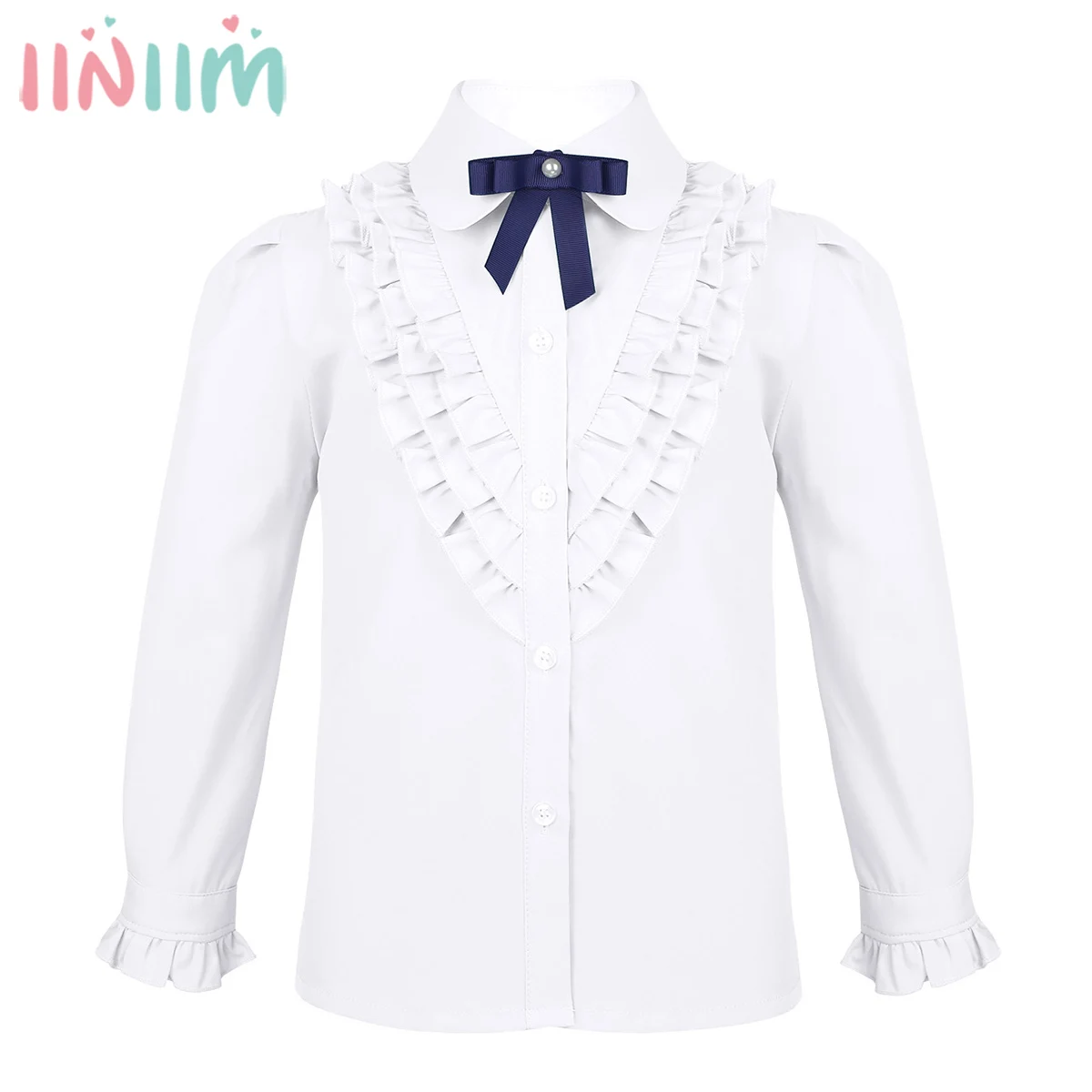 Детская школьная форма для девочек, отложной воротник, бант, гофрированные пуговицы, консервативные футболки блузки, рубашки для детей