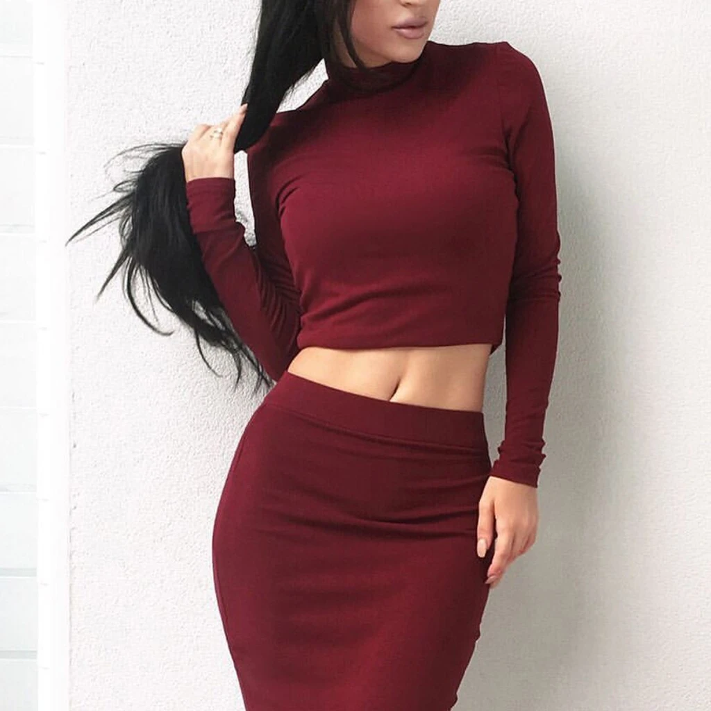 New Mid-Calf Dress Women Autumn O-Neck High Collar Long Sleeve Solid Sexy Two-Piece Tops And Skirt Suit Girl Ladies 729
