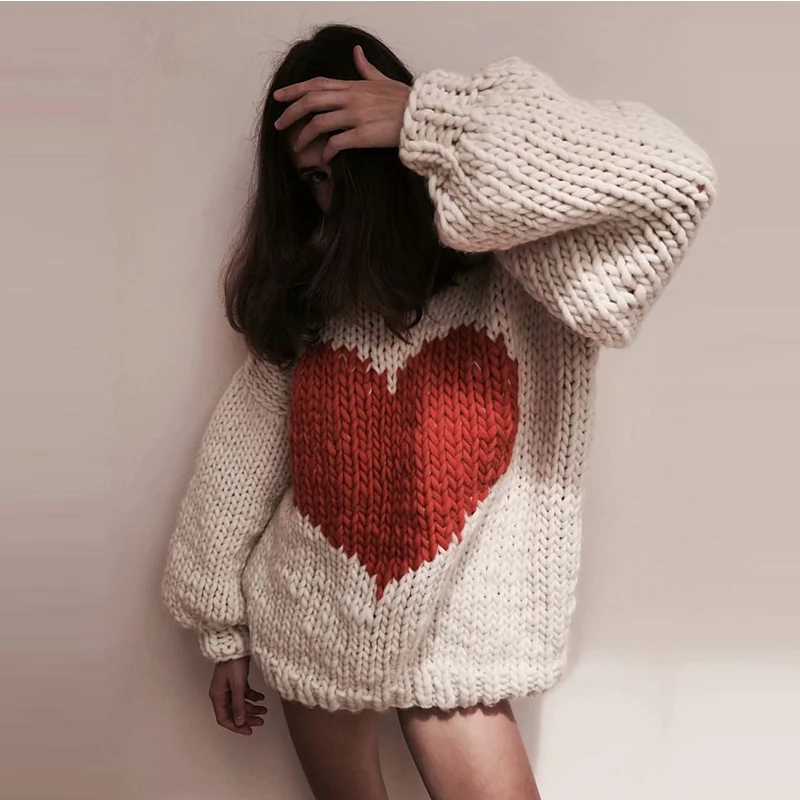 Супер шикарный красный джемпер сердце пуловеры с длинным рукавом О-образным вырезом Осень Зима Женский свитер черный овечья шерсть мохер Рождественский свитер