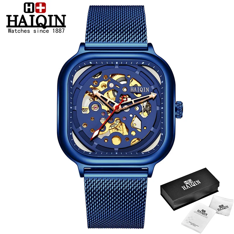 HAIQIN Fashion Sport Mens Watches top brand luxury Square Mechanical watch men wirstwatch Hollow skeleton erkek kol saati - Цвет: Синий