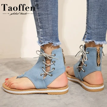 

TAOFFEN Women Sandals Solid Oclor Lacing Shoes Women Flip Flop Daily Casual Flat Summer Beatch Female Footwear Size 34-43