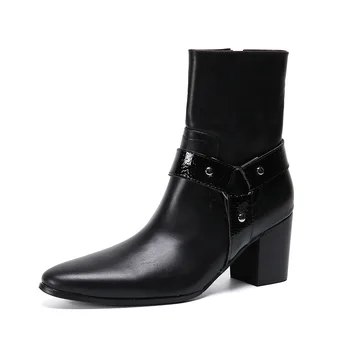 

Men's Martin Boots Business High Top Shoes Trend Coturno Cow Leather Pointed Toe Ankle Genuine Leather Full Grain Leather Rubber