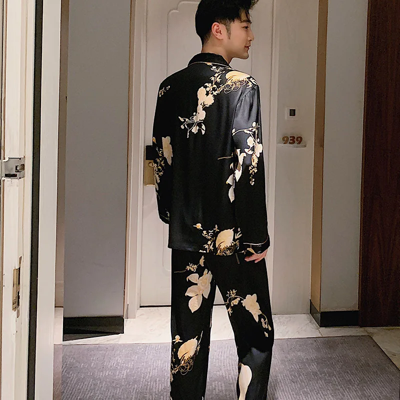 Black Print Flower Pajamas Set Women Spring Satin Silk Sleepwear Couple Sleep Set Nightwear Loose Casual Plus Size Pijamas Suit