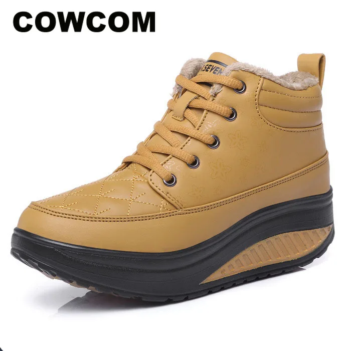 

COWCOM Spring High-Up Cotton Shoes Leather Rocker Shoes Women's Shoes Thick-soled Leisure Breathable Running Shoes CYL-003