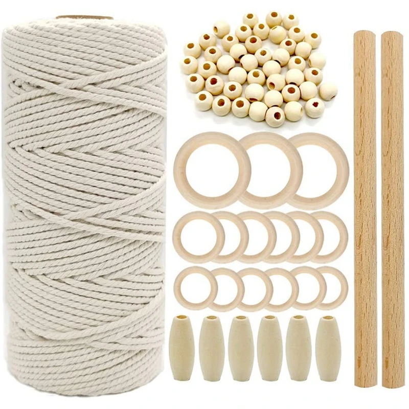 Macrame Cord Natural Cotton Rope m with Wood Ring Wood Stick for DIY Teether Macrame Kit Wall Hanging Plant Hanger flower pots