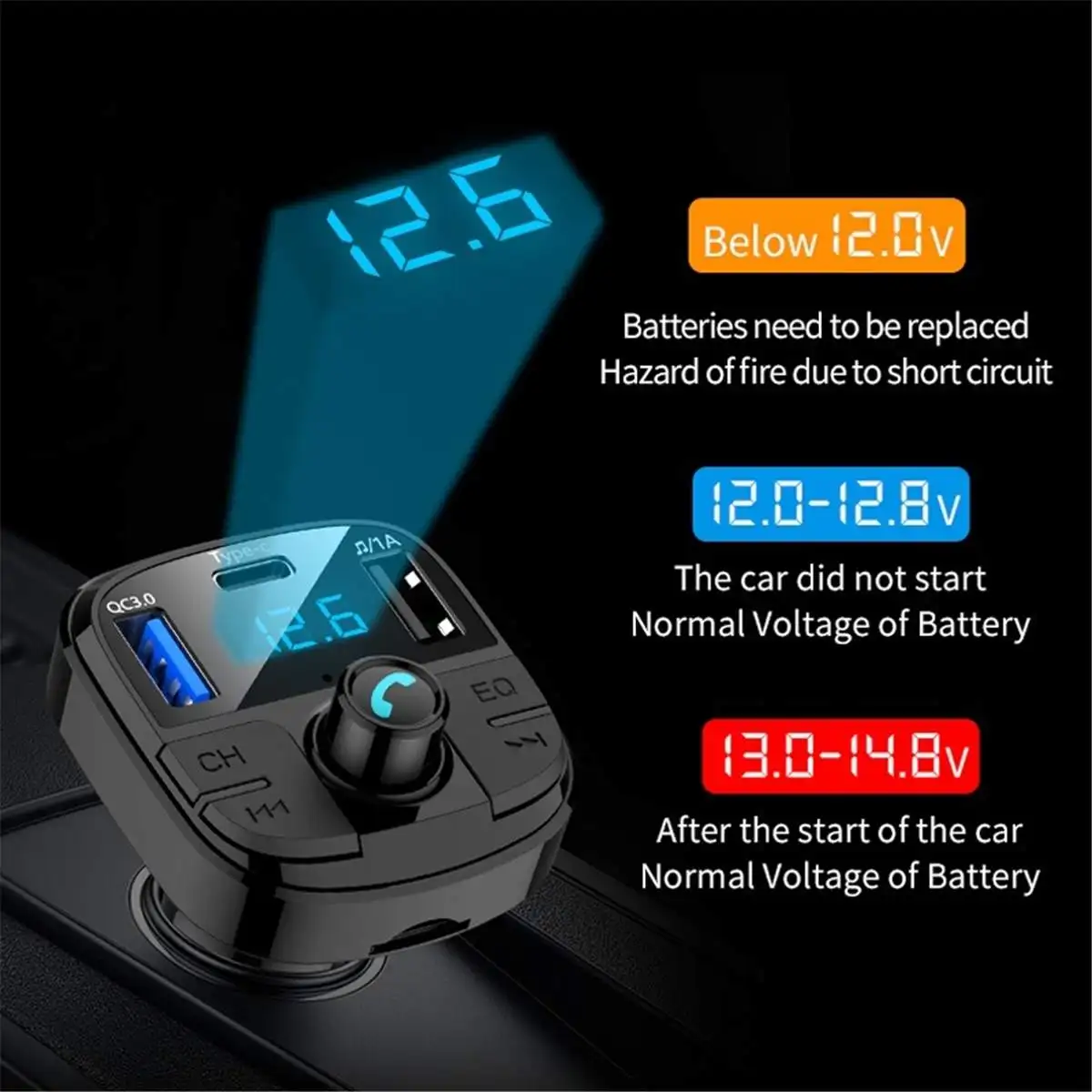 New bluetooth Car Kit Wireless FM Transmitter Handsfree Music Playing Type-C Charging Port Support TF Card / U Disk hands free