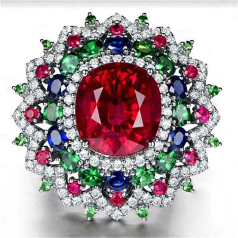 Роскошное женское серебряное кольцо с большим цветком, разноцветное кольцо с цирконием, для женщин, подарок, вечерние ювелирные изделия для помолвки