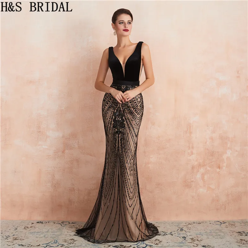 

H&S BRIDAL Mermaid Prom Dresses Long 2019 Women Sexy Party Evening Dress V Neck Lace Sequin Formal Gowns
