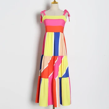 

HIGH QUALITY Newest 2020 Designer Runway Dress Women's Spaghetti Strap Colorful Block Patchwork Summer Dress