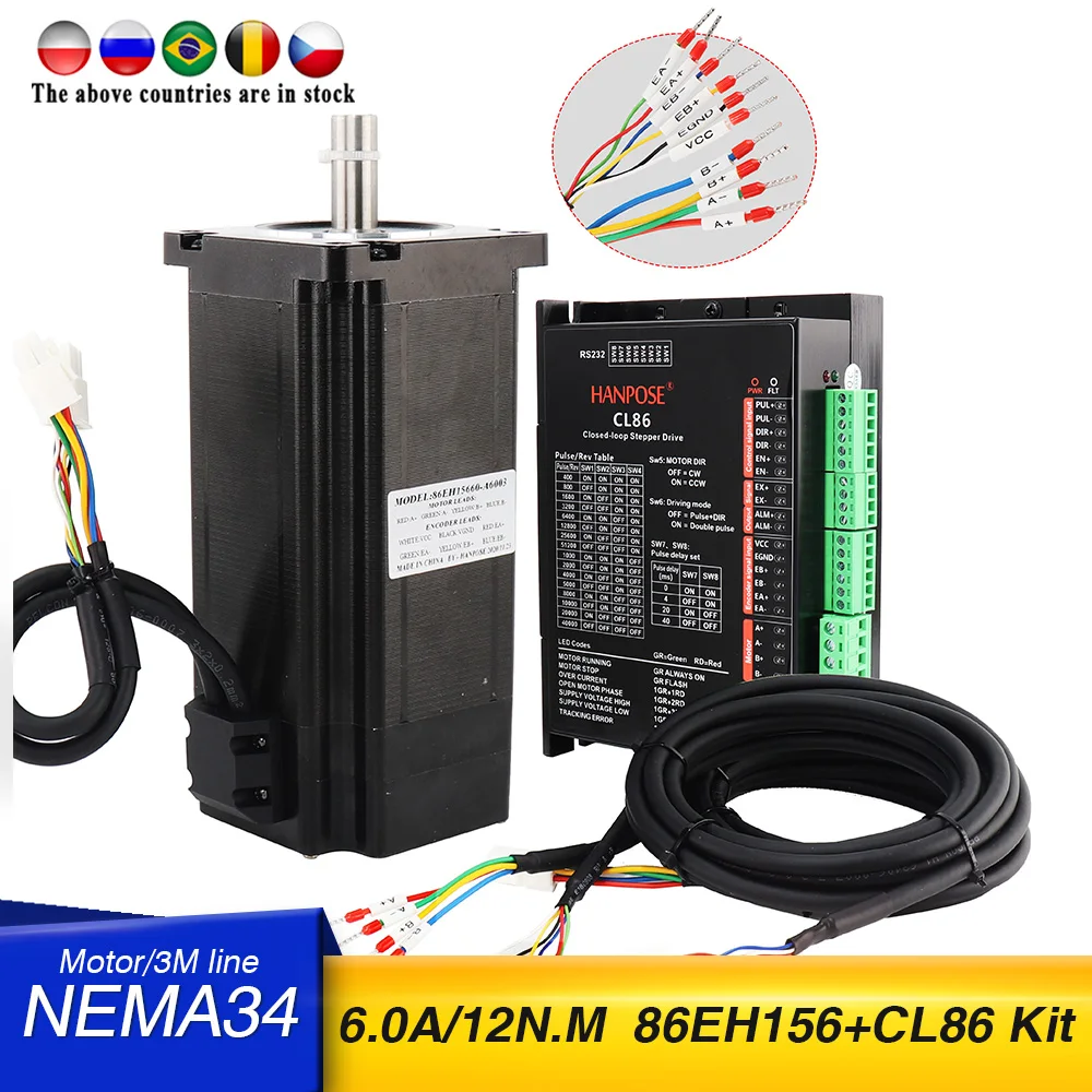 

NEMA34 servo motor 86EH156A6003 6.0A 12N.m 156MM 86 Closed Loop motor CL86 Drive with 3m line for CNC milling machine