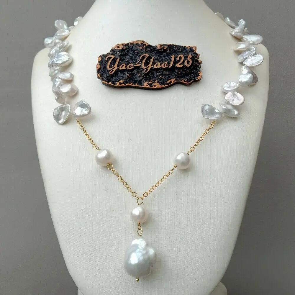 

21" White Keshi Pearl Pendant Chain Necklace