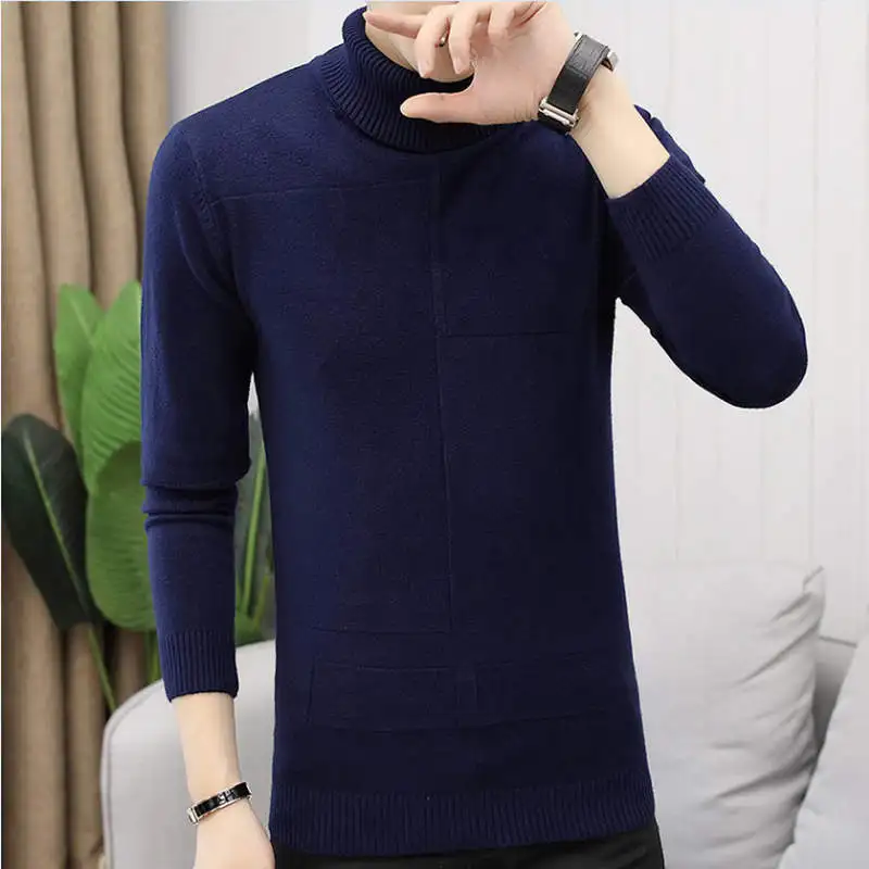 Теплый брендовый осенний мужской Модный повседневный мужской свитер, Мужской пуловер с высоким воротником, Однотонный свитер, M-3XL - Цвет: Тёмно-синий