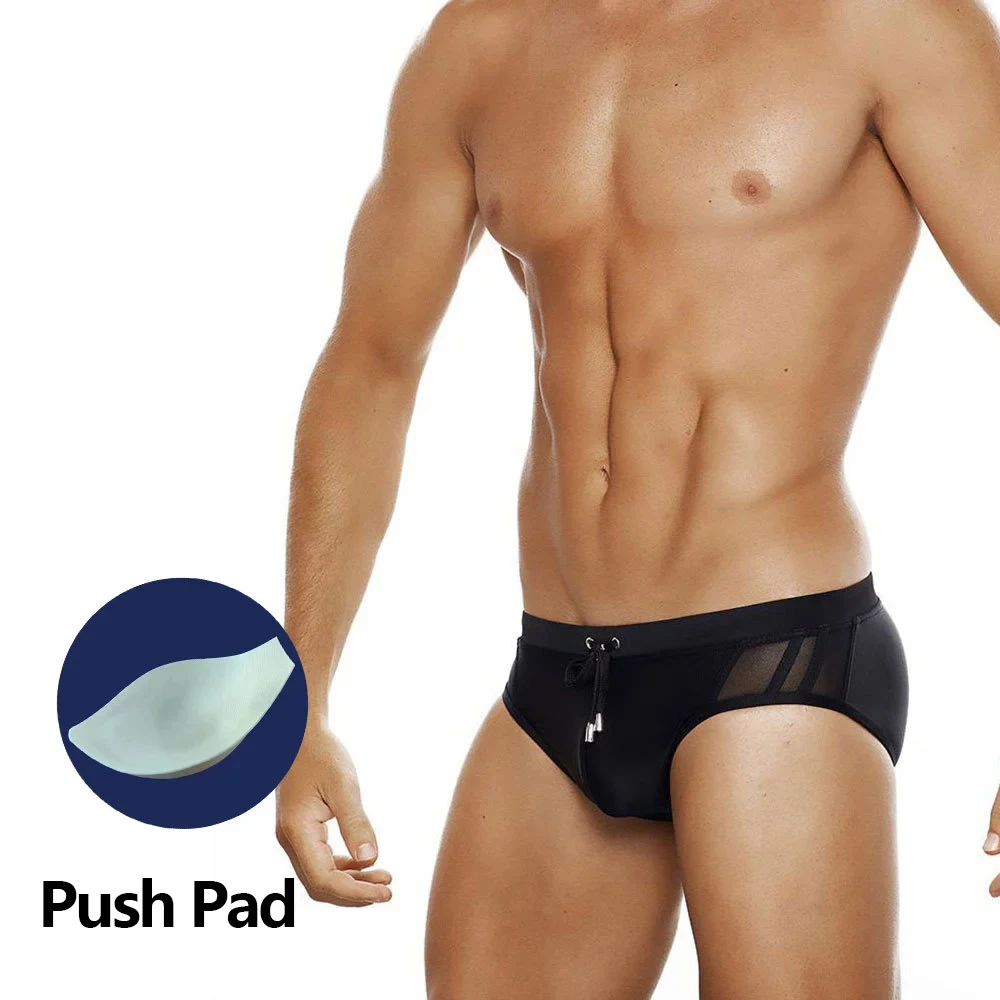 

2021 Spring New Men Swimming Trunks Net Yarn Stitching Solid Color Swimsuit Occident Fashion Push Pad Bikini Beach Surf Sport