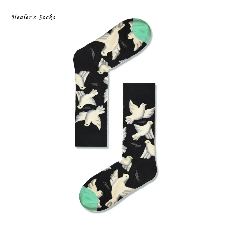 

1 pair of men and women socks cotton black dove trend funny fashion Harajuku hip hop happy skateboard gift animal tube socks