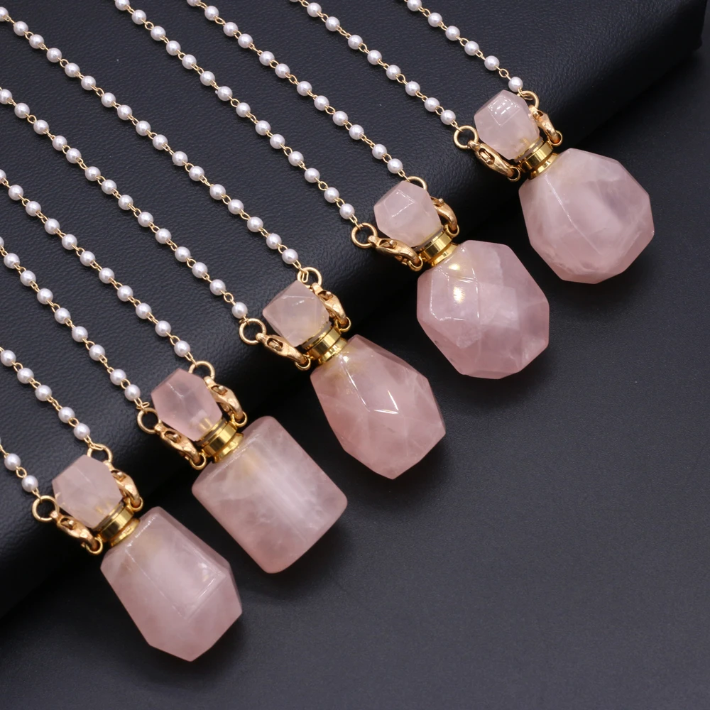 Natural Rose Quartzs Perfume Bottle Pendant Necklace Agates Essential Oil Diffuser Pearl Chain Women Jewerly | Украшения и