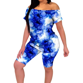 

2020 Female Casual Clothes Sets Woman Tie-dye Print Shoulder T-shirts + Shorts Summer Outfits Two Pieces Suits S-XXL