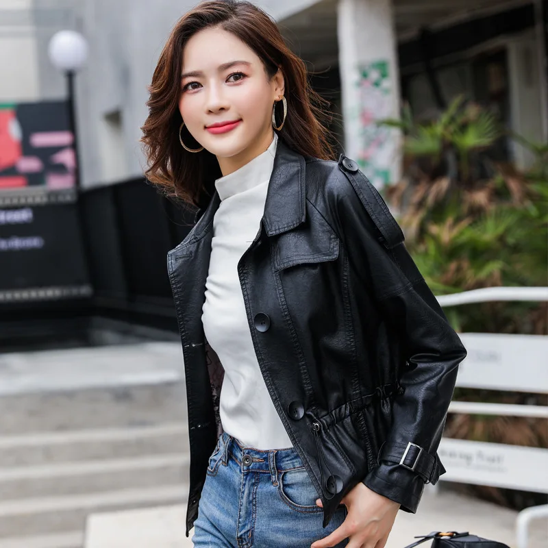 

1pcs Women's Plus size jacket coats 2020 Autumn faux fur PU Leather waist belt keep warm Jacket ladies Skinny locomotive coats