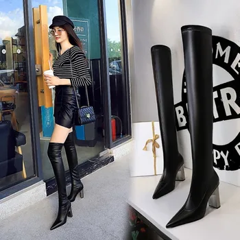 

Womens Pointy Toe Stretchy PU Leather Over The Knee Boots Block High Heel Pull On Shoes Riding Motorcycle Black Plus Size 34-43