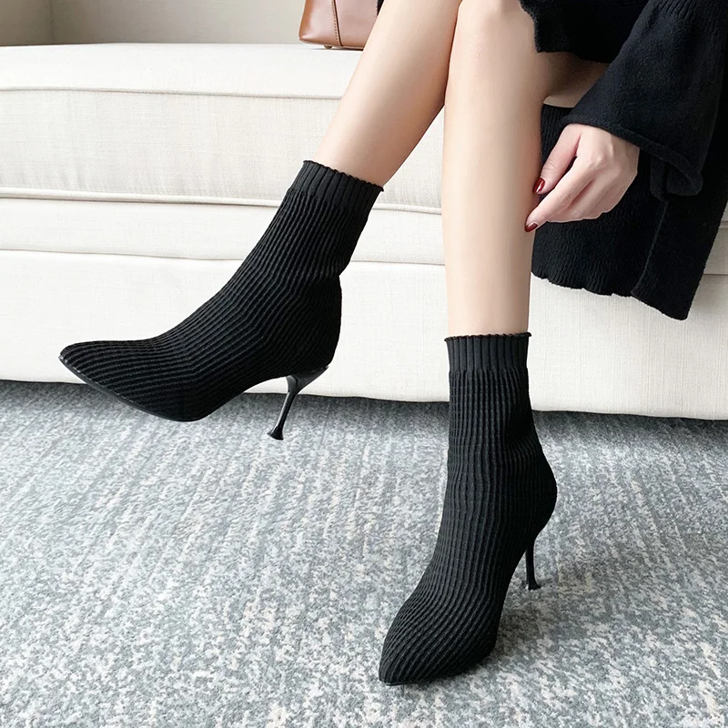 

Women's Boots Autumn Sock Shoes Booties Woman 2019 High Heels Boots-women Winter Footwear Lace Up Round Toe Luxury Designer