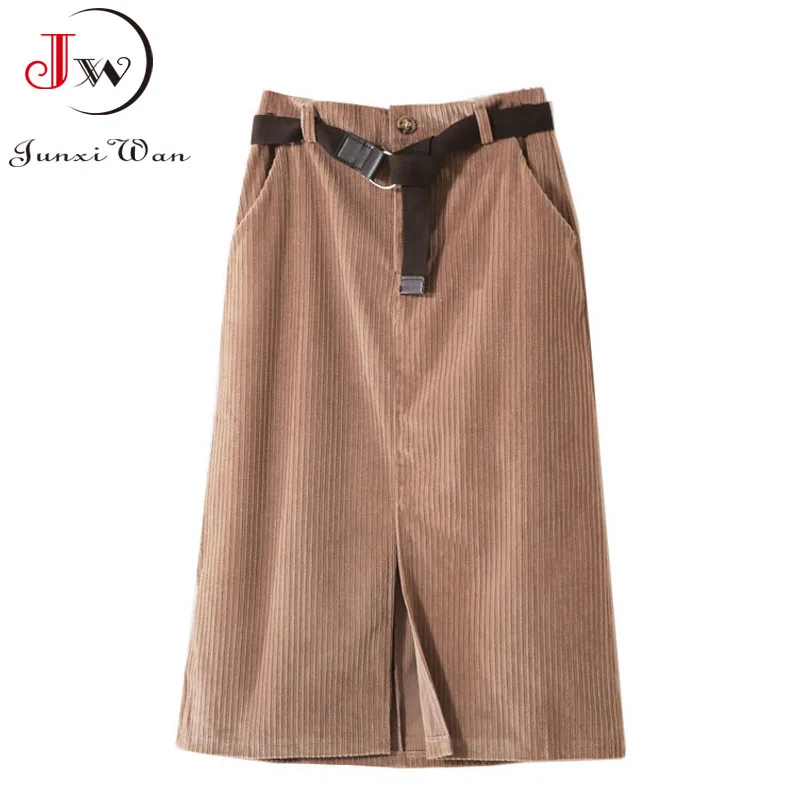 

Fashion Solid Corduroy Autumn Winter Skirt Women High Waist Split A-Line Elegant Vintage Midi Skirts With Pocket Belt