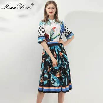 

MoaaYina Fashion Designer Set Spring Summer Women Short sleeve Parrot Print Shirt Tops+Pleated Skirt Two-piece set