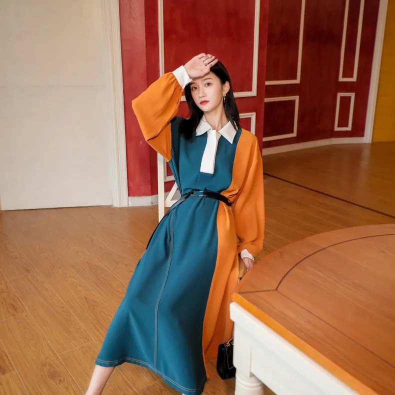 Neploe New Spring Autumn Patchwork Contrast Color Long Dress Turn Down Collar Lantern Long Sleeve Design Vestido Loose Ropa