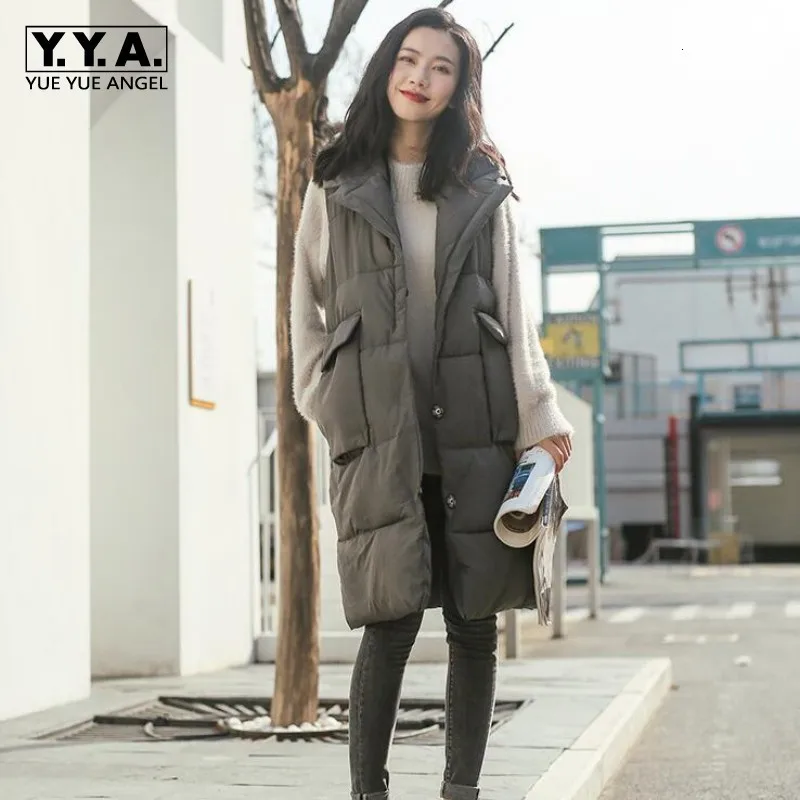 

Autumn Winter Comfort Thicken Warm Female Vest Casual Lapel Collar Long Coat Boyfriend Oversized Sleeveless Vest Pockets Jackets