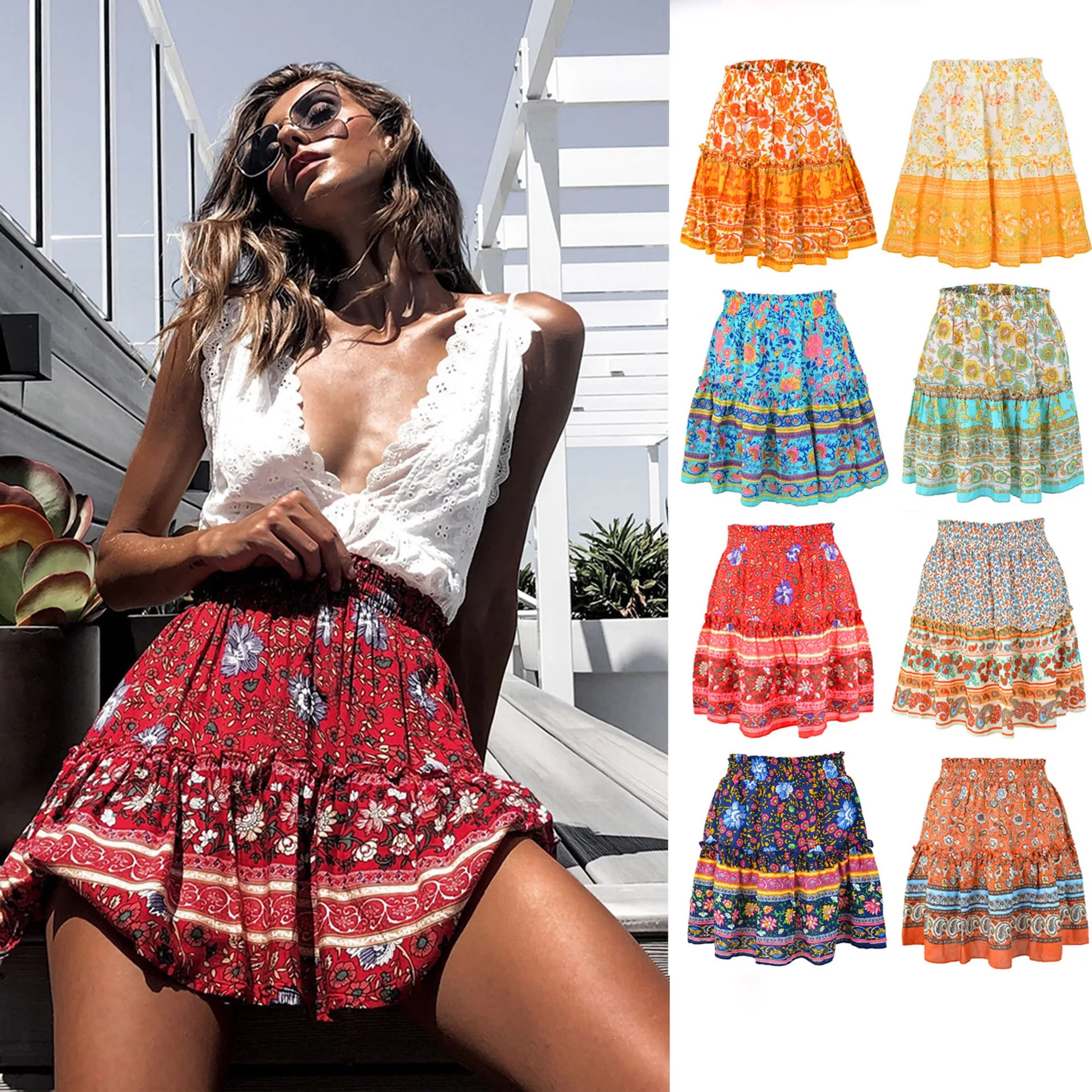 

Bohemian ethnic style early autumn ruffle print ladies skirt