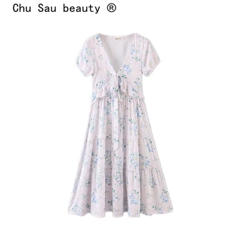 

Chu Sau beauty New Fashion Blogger Style Floral Print V-neck Dress Women Lovely Chic Ruffles Bow Holiday Fairy Dresses Female