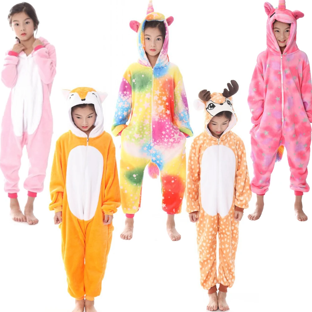 Kids Girl Unisex Unicorn Pyjamas Halloween Party Cosplay Animal Deer Foxes Children Hoodie Costume Cute Homewear Jumpsuit Plush | Мать и
