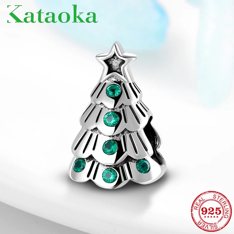 

Christmas Day 925 Silver Green Zircon Christmas Tree With Star Charm Beads DIY Fit Original woman Charms Bracelet Fine Jewelry