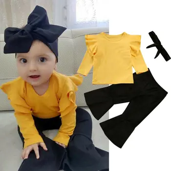 

Cute Spring Sunset Newborn Set Baby Girl Solid Ruffle Tops Logn Sleeve Tshirt Flare Pants Bell-bottoms 3pcs Outfit Clothes