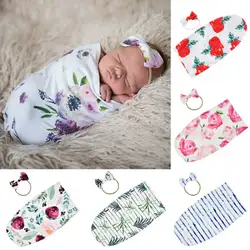 Пеленальное Одеяло для новорожденных, спальные мешки из мягкого хлопка для малышей, милый спальный мешок с цветочным рисунком + повязка на