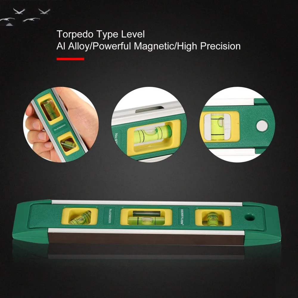 Уровень торпеды 225 мм магнитный градиентный Дух 3 флуоресцентный пузырьковый линейка Горизонтальный Вертикальный измерительный инструмент