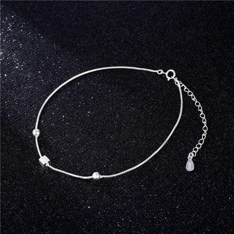 

S925 Silver-plated Small round Beads Cube Anklet Women's Entirely Handmade Korean-style College Style Hipster Accessories
