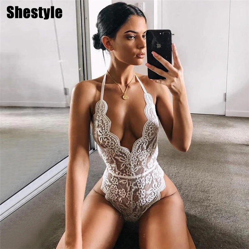 Женское кружевное прозрачное боди Shestyle 7 цветов с глубоким V-образным вырезом и
