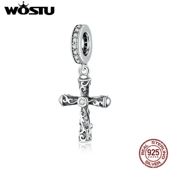 

WOSTU Vintage Cross Charm Real 925 Sterling Silver Zircon Pendant Fit Original Bracelet Necklace Beads For Jewelry Making CTC313