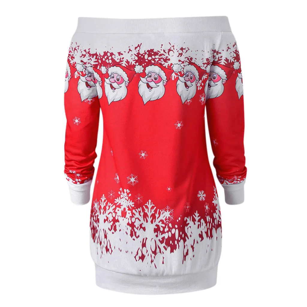 Длинные рождественские блузки для женщин, женская мода, Санта Клаус, снежинка, косой вырез, пуловер, рождественские блузки, женская блуза