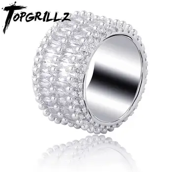 

TOPGRILLZ 2 Row Solitaire Tennis Men's Ring Copper Charm Gold Silver Plated Baguette Cubic Zircon Iced Rings Hip Hop Jewelry