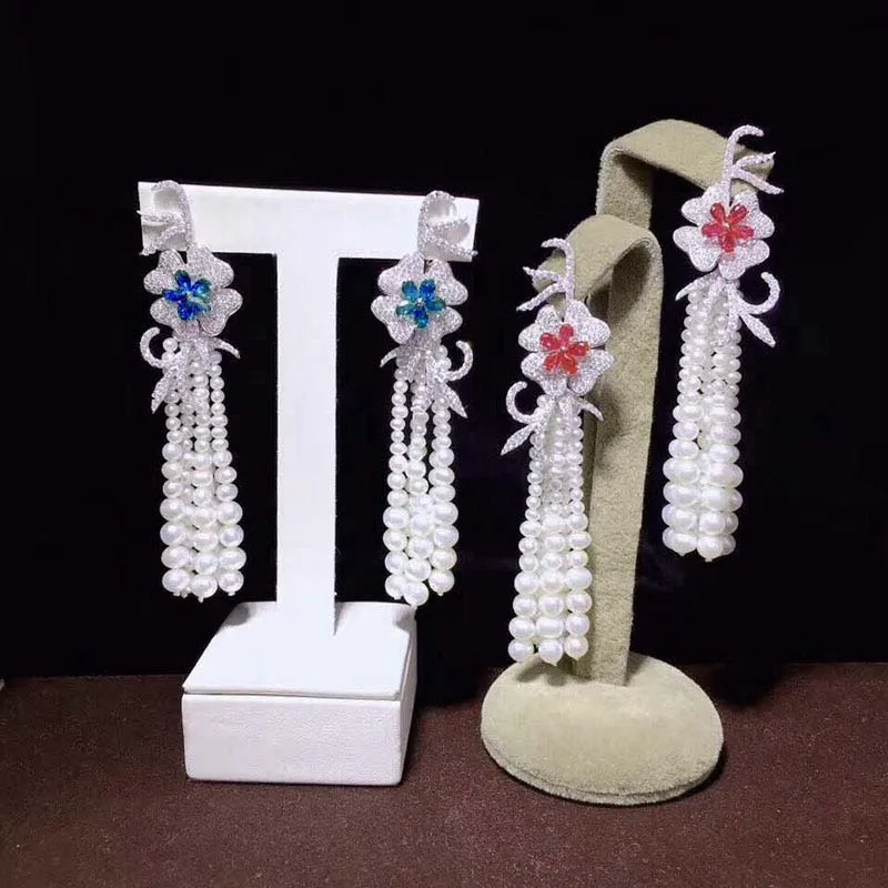 White Pearl Round Cz Pave Flower Stud Earrings