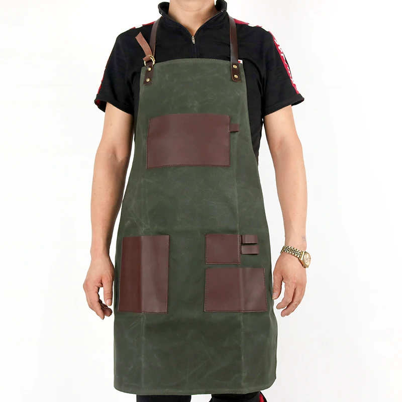 WEEYI Vintage Green Waxed Canvas Grill Aprons For Woman Men Unisex Aprons For Kitchen Cooking Baking BBQ Coffee Shop Work Apron