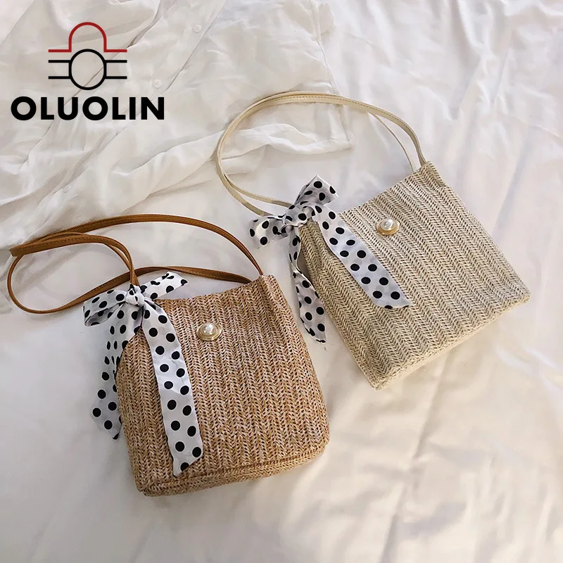 Женская сумка-слинг на плечо пляжные плетеные саквояжи через в горошек с