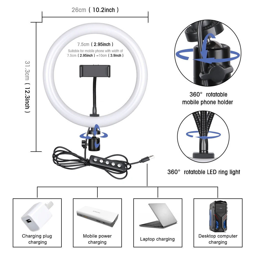 1pc 10 LED Ring Light Avec Trépied Stand Et Support De Téléphone