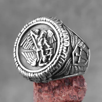 

Archangel Saint Michael Guardian Stainless Steel Mens Rings Punk Cool Male Boyfriend Biker Jewelry Creativity Gift Wholesale