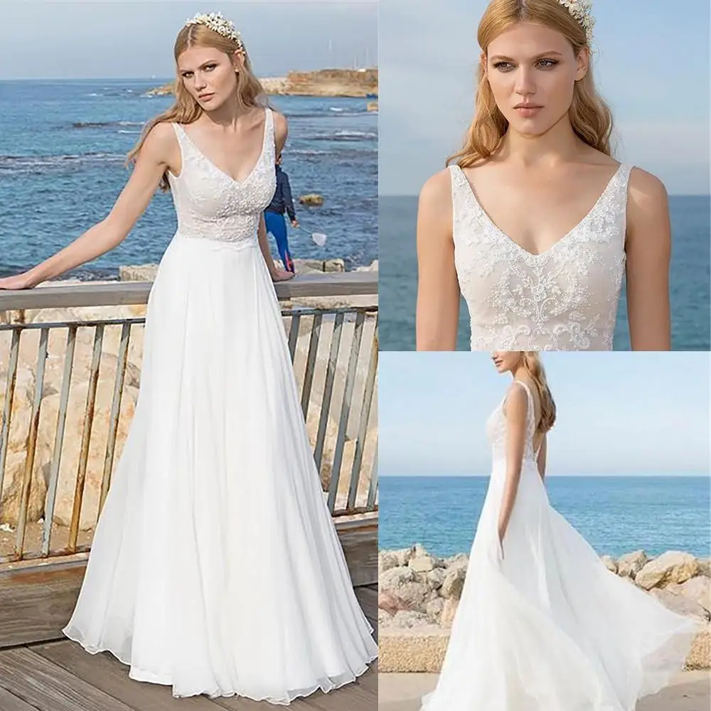 

New Chiffon Beach Wedding Dresses Backless V-neck A-line Floor Length Wedding Gowns Cheap Bridal Dresses vestidos de fiesta Wed